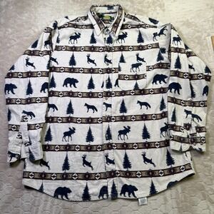 VTG Cabelas Button Up Shirt XXL Tall USA Made Animal Moose Fox Bear Deer Native